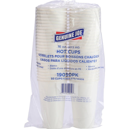 Genuine Joe 16 oz Disposable Hot Cups - White Polyurethane - 50/Pack