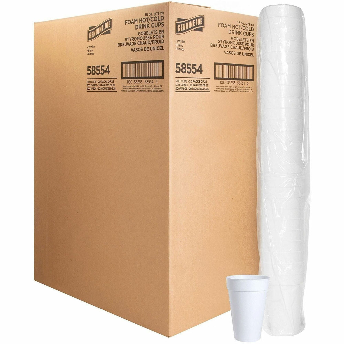 Genuine Joe 16 oz Hot/Cold Foam Cups - fl - White - Hot Drink Cold - 25/Pack - 20 / Carton