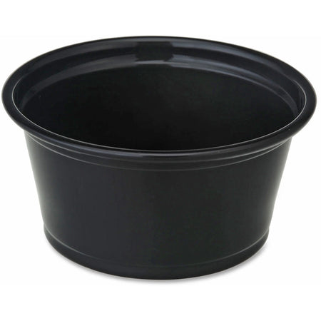 Genuine Joe 2 oz Portion Cups: Black Polystyrene 50/Bag - Food Storage
