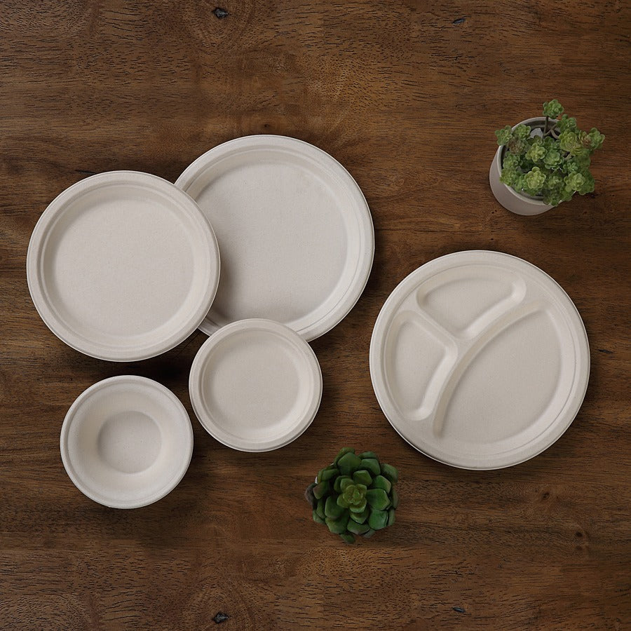 Genuine Joe 6’’ Compostable Plates - Breakroom Office - Disposable - Diameter - White Natural - Sugarcane Body - 50/Pack