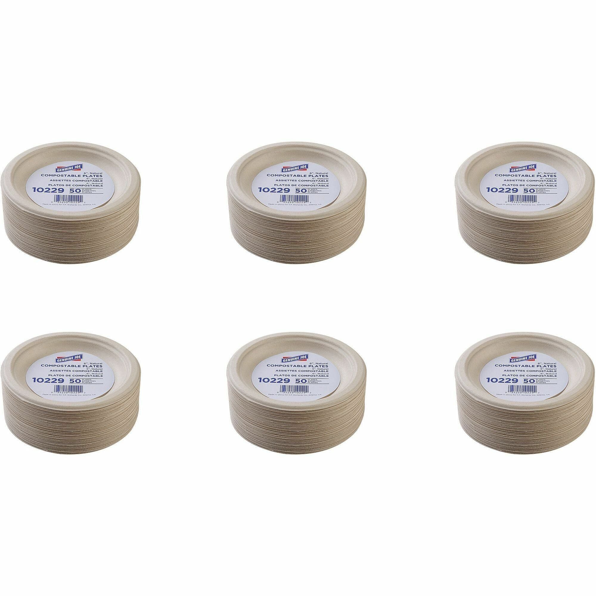 Genuine Joe 6’’ Compostable Plates - Breakroom Office - Disposable - Diameter - White Natural - Sugarcane Body - 50/Pack