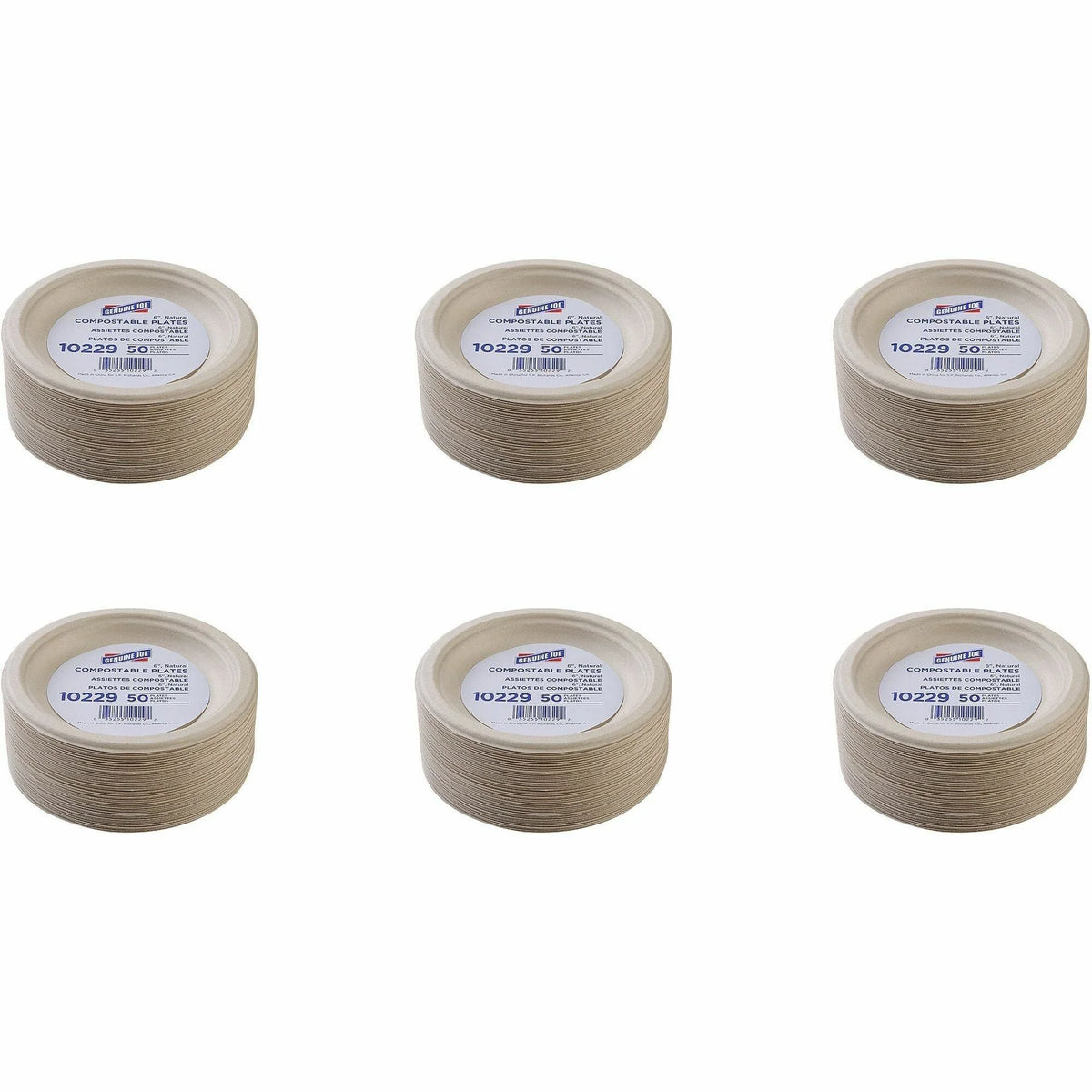 Genuine Joe 6’’ Compostable Plates - Breakroom Office - Disposable - Diameter - White Natural - Sugarcane Body - 50/Pack