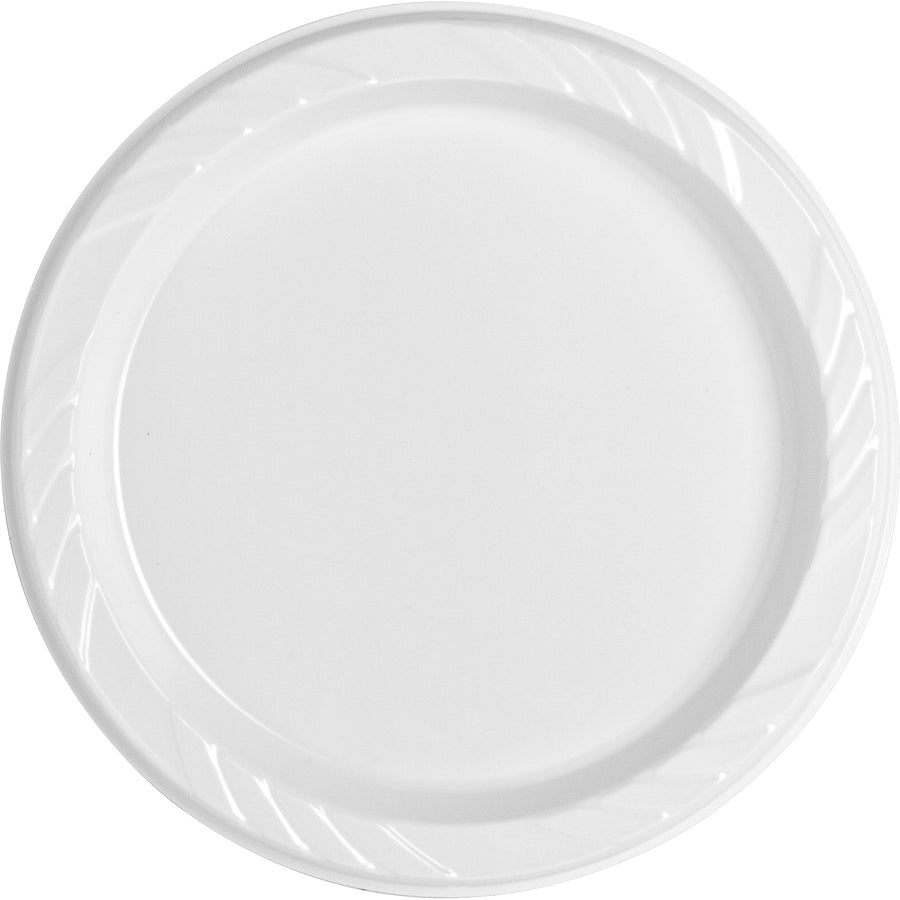 Genuine Joe 9’’ Reusable Plastic Plates - Serving - Disposable - Diameter - White - Body - 125/Pack - 4 / Carton