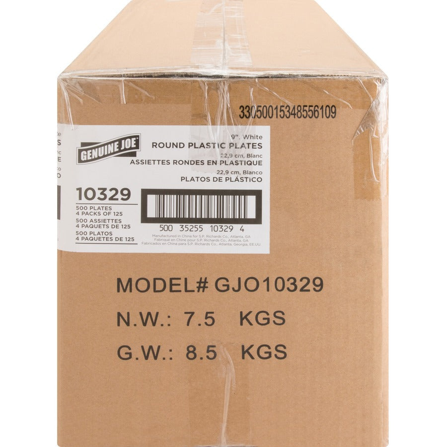Genuine Joe 9’’ Reusable Plastic Plates - Serving - Disposable - Diameter - White - Body - 125/Pack - 4 / Carton