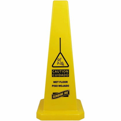 Genuine Joe Bright Safety Cone - English/Spanish - 10x24’’ - Stackable - Industrial Yellow - Signs