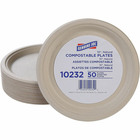 Genuine Joe 10’’ Compostable Plates Diameter White Natural 50 / Pack Breakroom Office Disposable Sugarcane Body