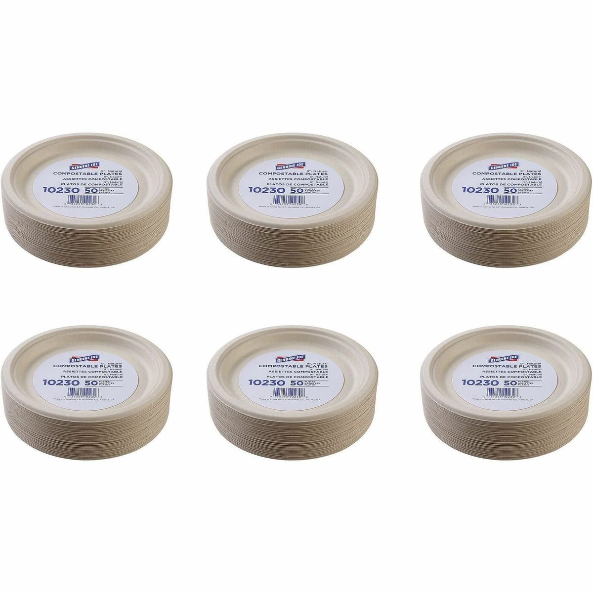 Genuine Joe 9’’ Compostable Plates Diameter White Natural 10 / Carton Breakroom Office Disposable Sugarcane Body