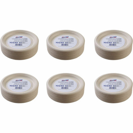 Genuine Joe 9’’ Compostable Plates Diameter White Natural 10 / Carton Breakroom Office Disposable Sugarcane Body