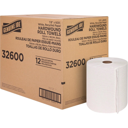 Genuine Joe Hardwound Roll Paper Towels - 600 ft Length - White - 12/Carton