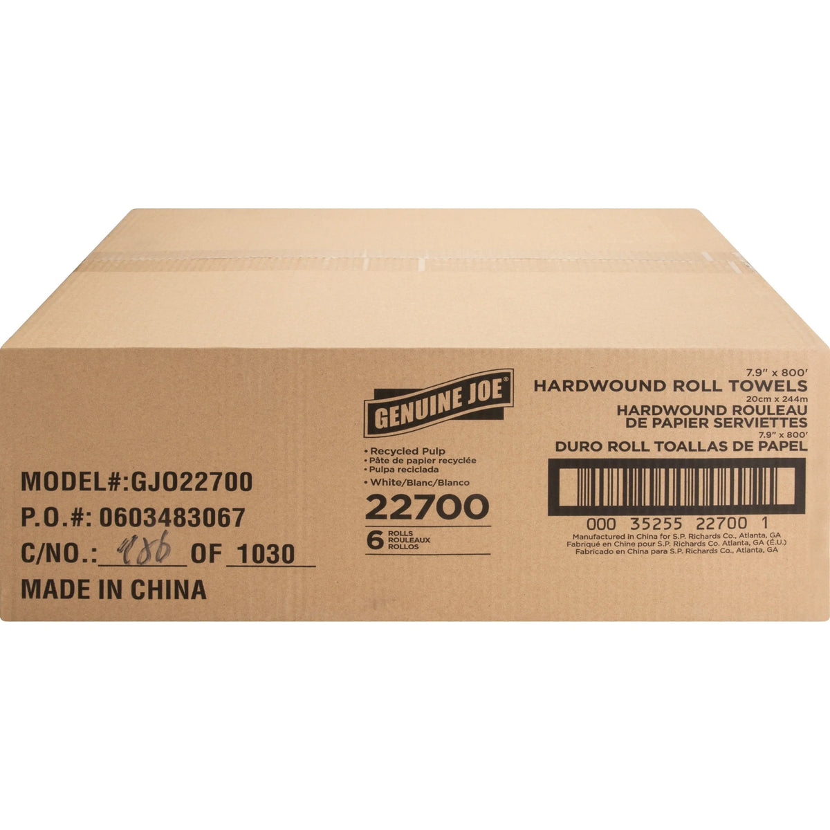 Genuine Joe Hardwound Roll Paper Towels - 7.90’’ x 800 ft - 2’’ Core - White - 6 / Carton