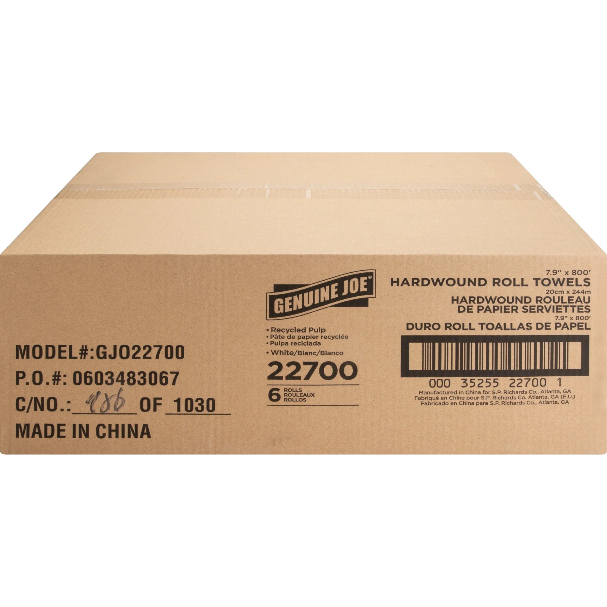 Genuine Joe Hardwound Roll Paper Towels - 7.90’’ x 800 ft - 2’’ Core - White - 6 / Carton