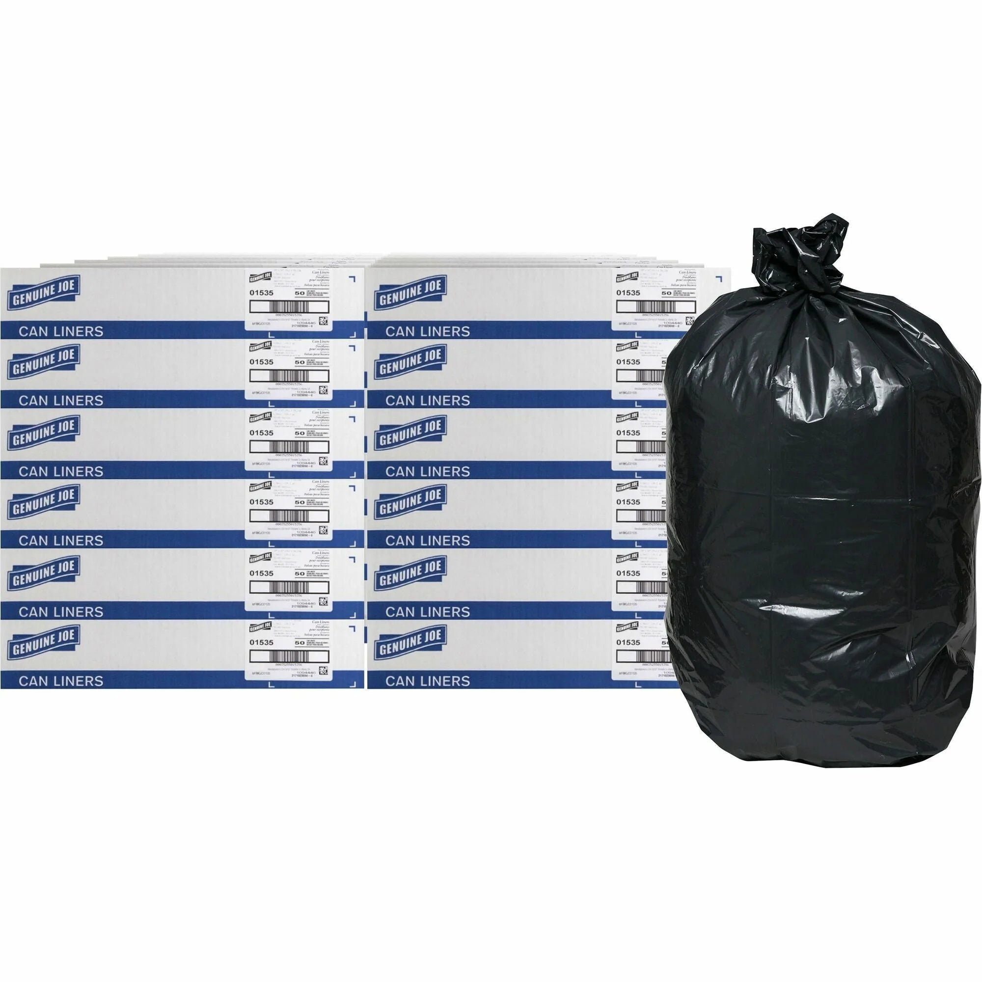 Genuine Joe Heavy-Duty Trash Can Liners - 60 gal Capacity - 56’’ Length - 50/Box - Bags &