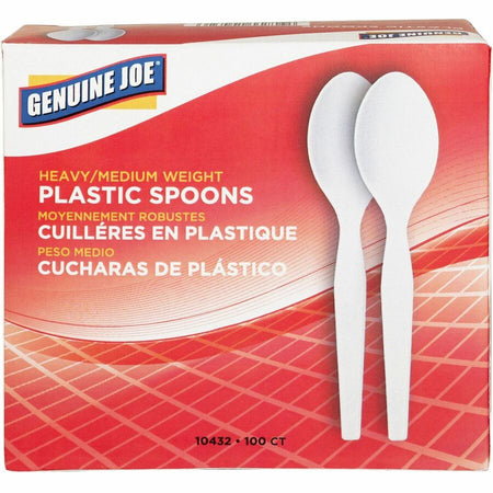 Genuine Joe Heavyweight Disposable Spoons - White - 100/Box - 40 / Carton - Cutlery