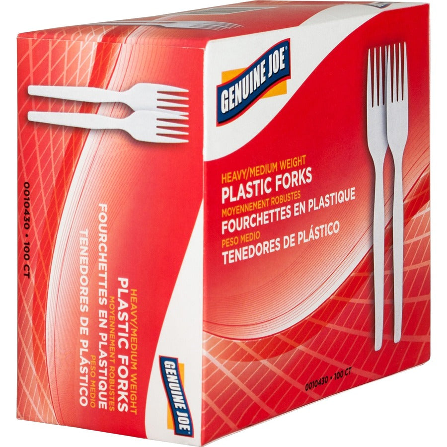 Genuine Joe Heavyweight White Plastic Forks - Disposable - 100/Box - 40 / Carton - Cutlery