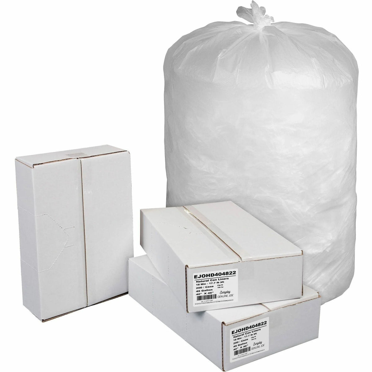 Genuine Joe High-Density Can Liners: 45 gal 46’’x40’’ 0.71 mil - Natural Resin - Office Waste - 200/Carton - Trash Bags