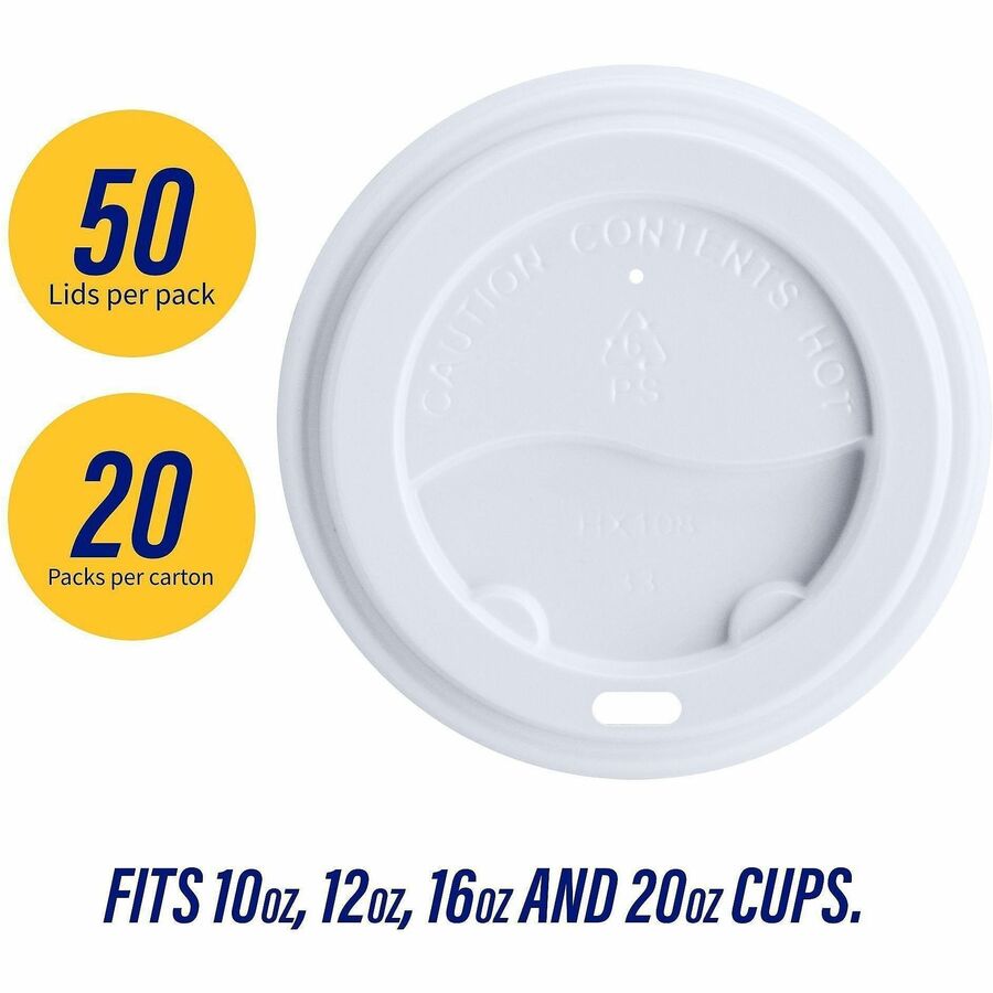 Genuine Joe Hot Cup Protective Lids - Polystyrene - White - 50/Pack - 20 / Carton - Cups