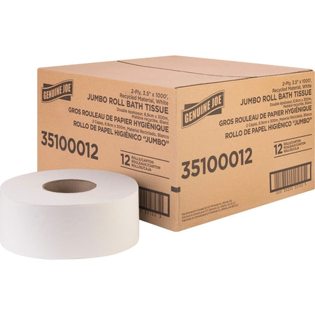 Genuine Joe Jumbo Jr Bath Tissue Roll - 2 Ply 1000 ft - White Fiber - 12/Carton - Bathroom