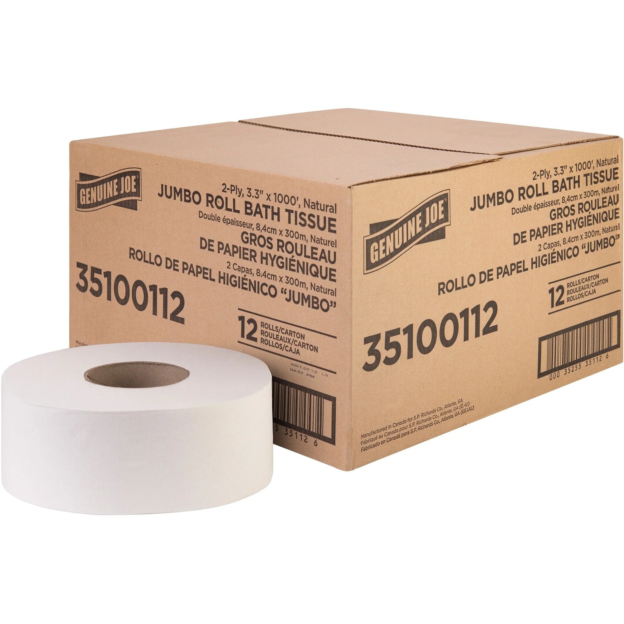 Genuine Joe Jumbo Jr Bath Tissue Rolls - 2 Ply 1000 ft - White Fiber - 12/Carton - Bathroom