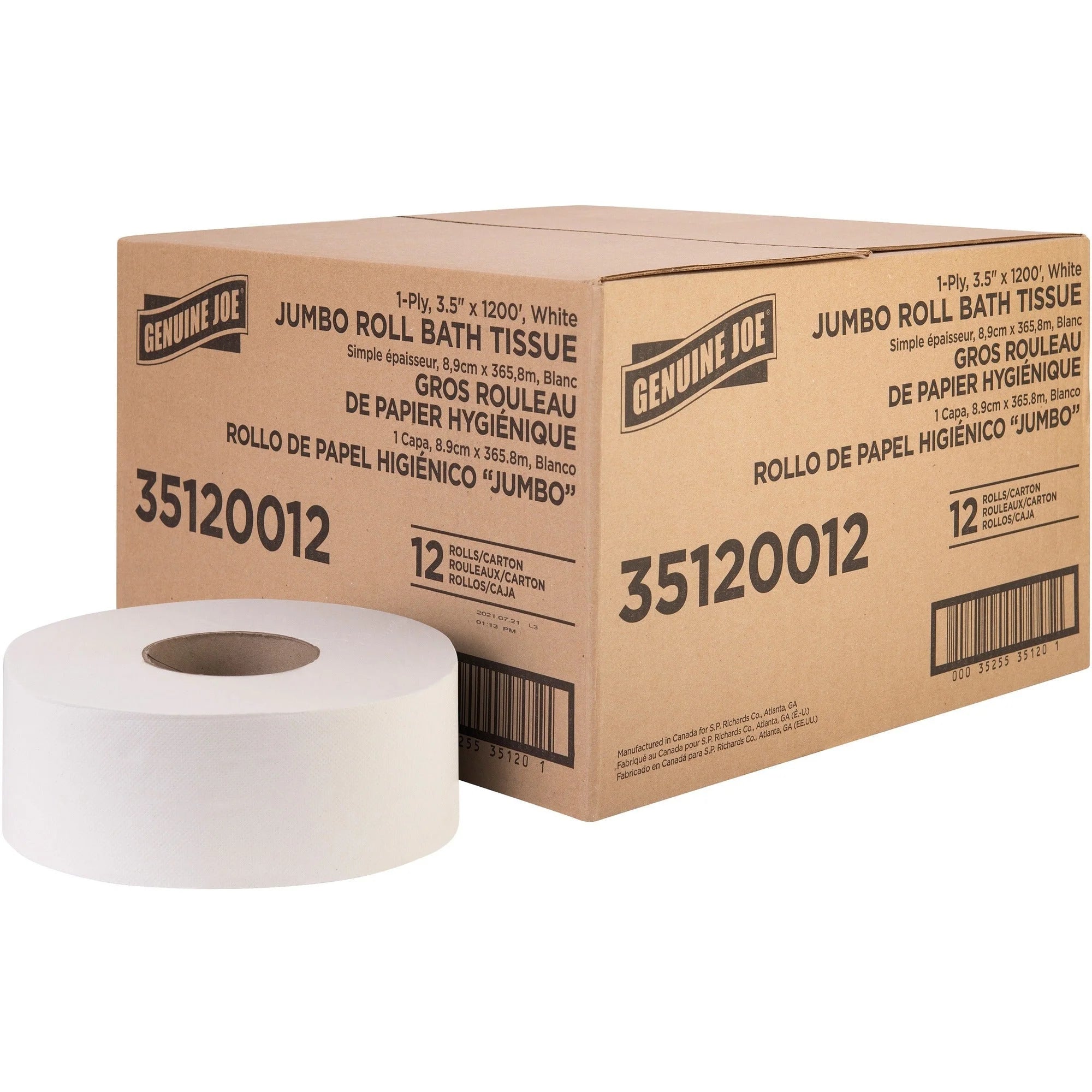 Genuine Joe Jumbo Roll Bath Tissue - 1-Ply 1200 ft - White Fiber - 12/Carton - Bathroom