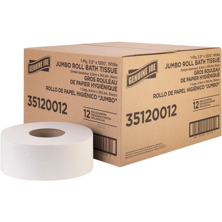 Genuine Joe Jumbo Roll Bath Tissue - 1-Ply 1200 ft - White Fiber - 12/Carton - Bathroom