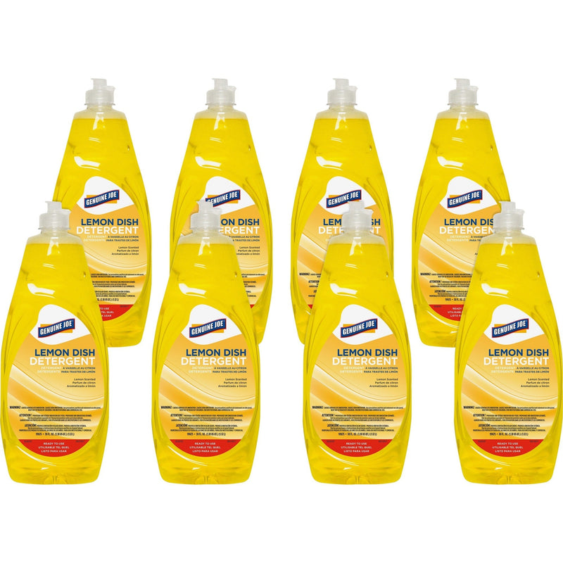 Genuine Joe Lemon Scent Dish Detergent Concentrate - 38 fl oz - Grease Remover - Heavy Duty - Yellow - 8/Carton