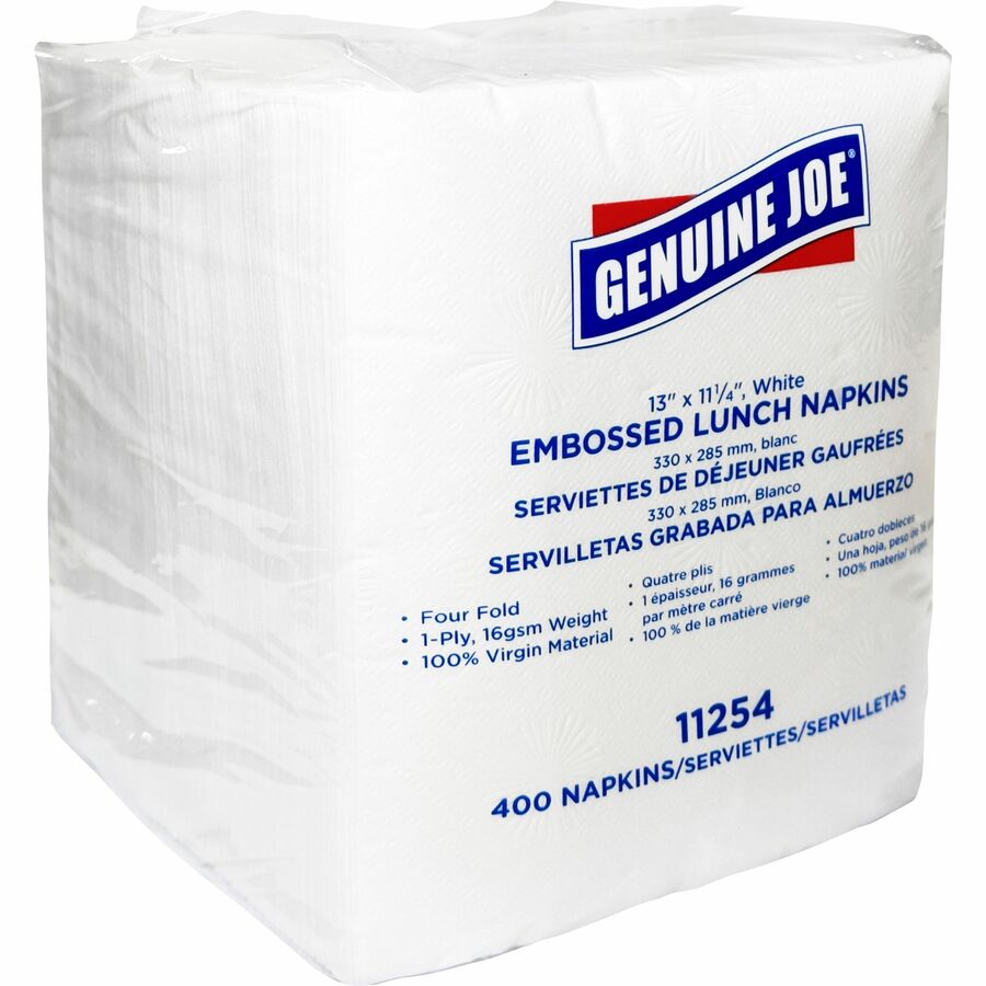 Genuine Joe Lunch Napkins - 1 Ply - Quarter-fold - 13’’ Width x 11.25’’ Length - White - 400/Pack - 6 / Carton