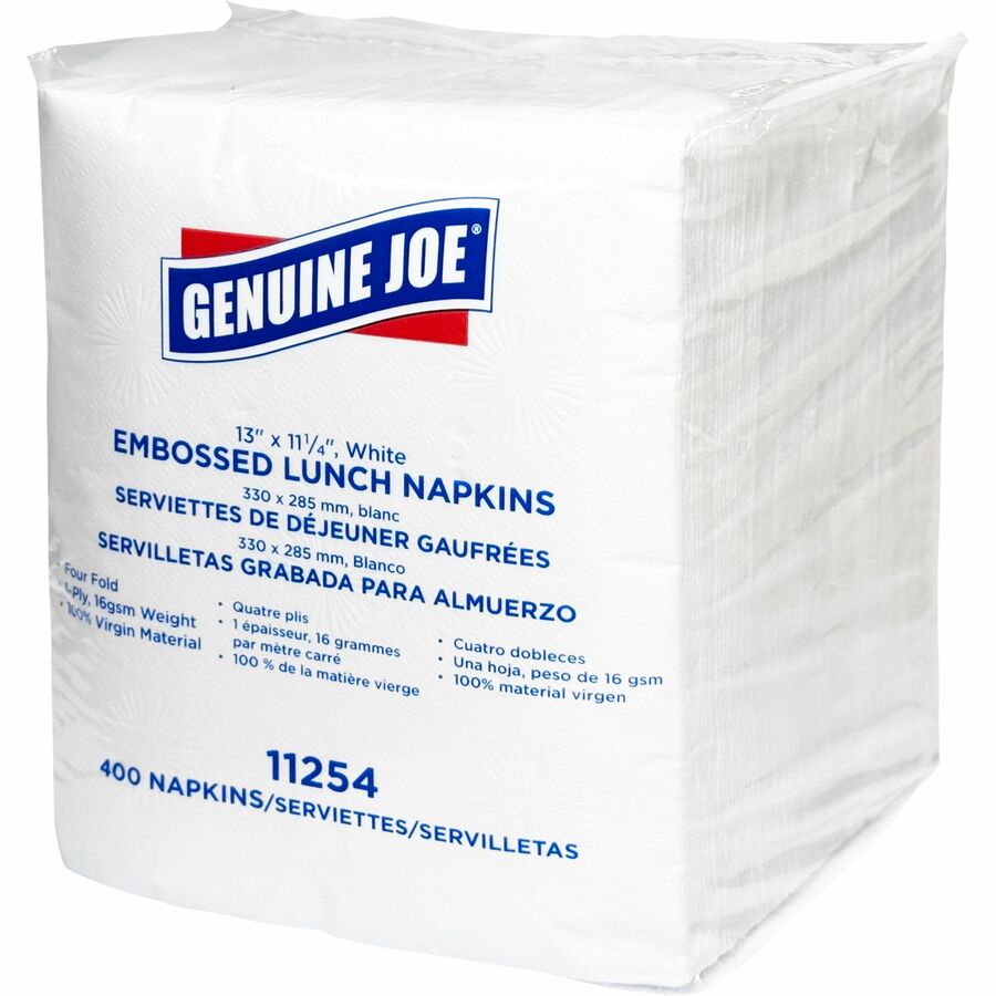 Genuine Joe Lunch Napkins - 1 Ply - Quarter-fold - 13’’ Width x 11.25’’ Length - White - 400/Pack - 6 / Carton