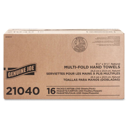 Genuine Joe Multifold Natural Towels - 1 Ply - 9.25’’ Width x 9.40’’ Length - Paper - 250 / Pack - 16 / Carton