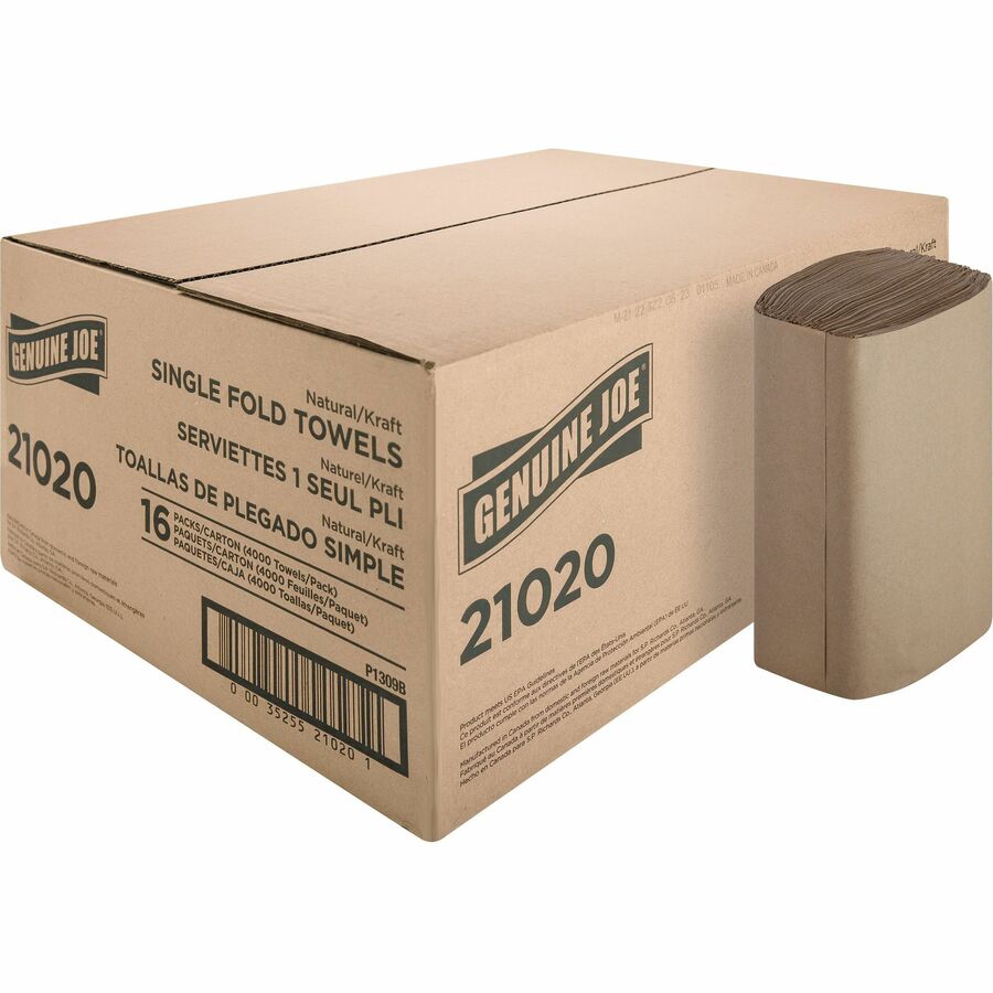 Genuine Joe Paper Towel Single fold 250 sheets Natural - 1 Ply - 10.25’’ Width x 9.10’’ Length - embossed design