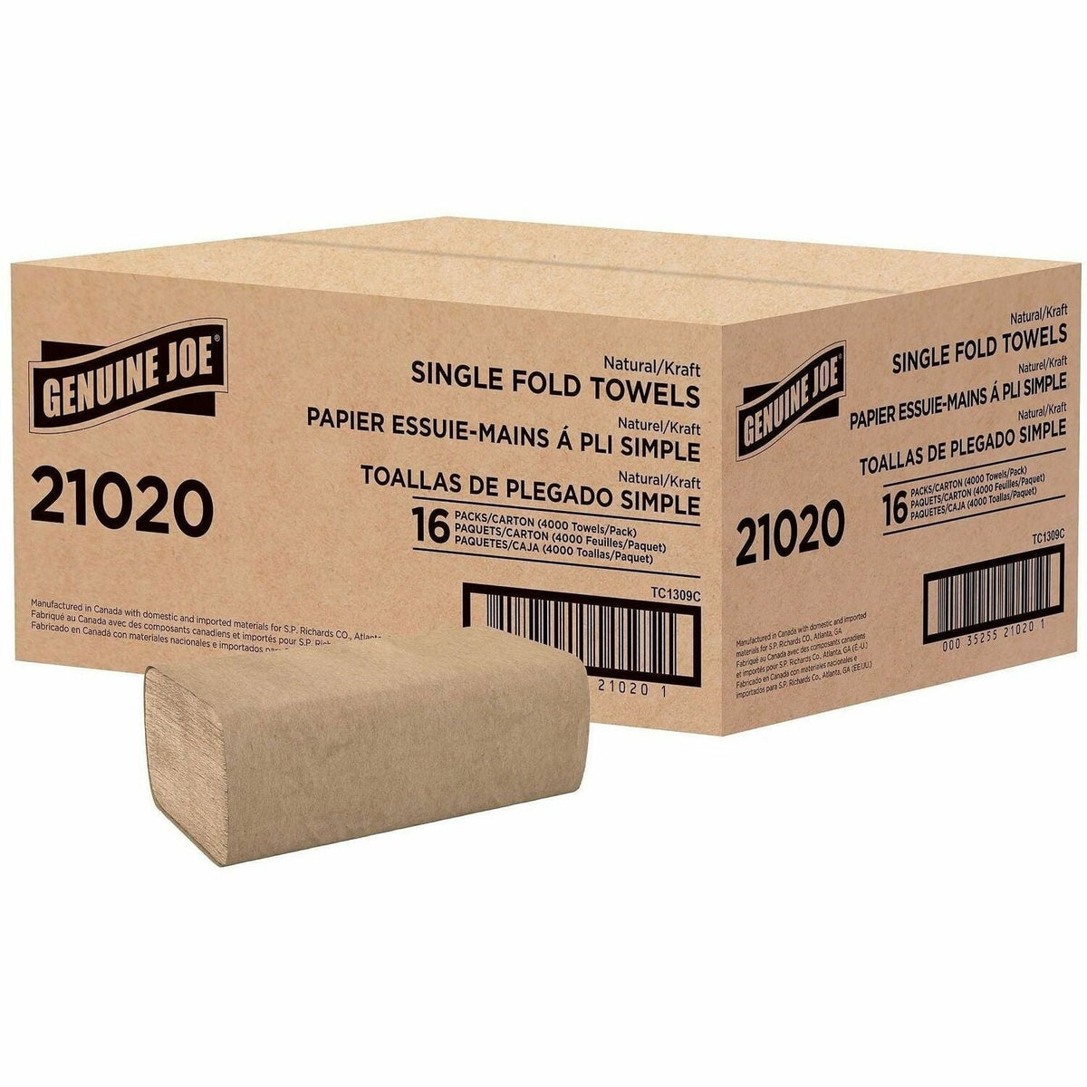 Genuine Joe Paper Towel Single fold 250 sheets Natural - 1 Ply - 10.25’’ Width x 9.10’’ Length - embossed design