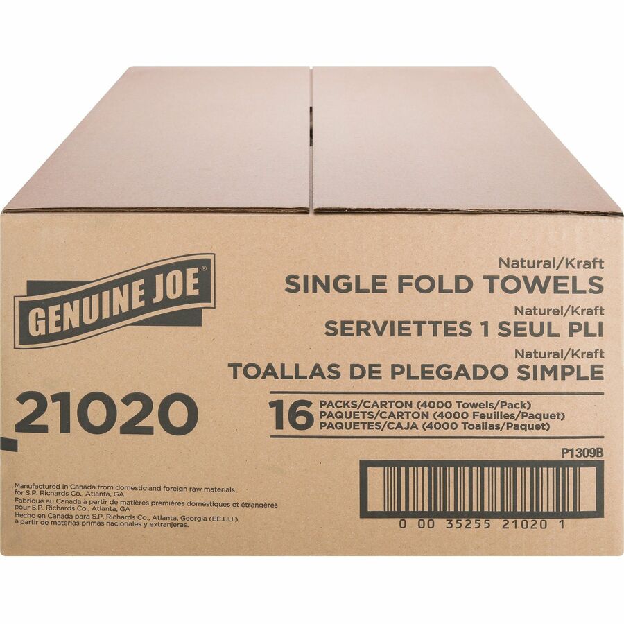 Genuine Joe Paper Towel Single fold 250 sheets Natural - 1 Ply - 10.25’’ Width x 9.10’’ Length - embossed design