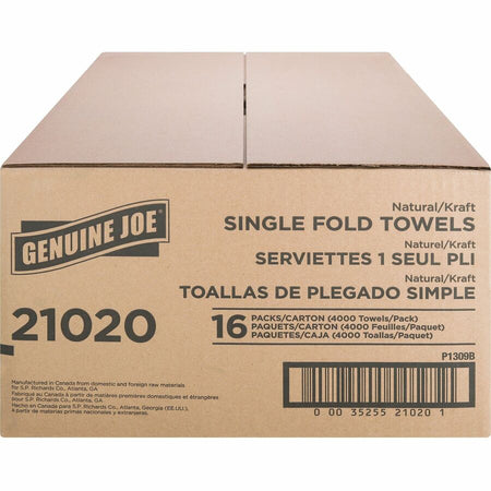 Genuine Joe Paper Towel Single fold 250 sheets Natural - 1 Ply - 10.25’’ Width x 9.10’’ Length - embossed design