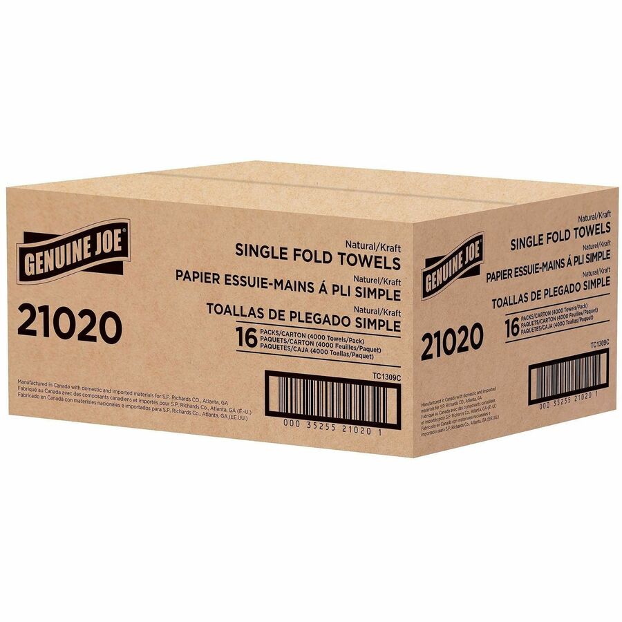 Genuine Joe Paper Towel Single fold 250 sheets Natural - 1 Ply - 10.25’’ Width x 9.10’’ Length - embossed design