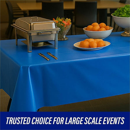 Genuine Joe Plastic Rectangular Table Covers - 108’’ Length x 54’’ Width - Blue - 6/Pack - 4 / Carton - Tablecloths