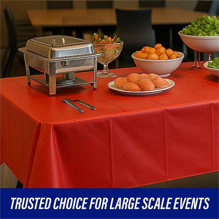 Genuine Joe Plastic Rectangular Table Covers - 108’’ Length x 54’’ Width - Red - 6 / Pack - Tablecloths