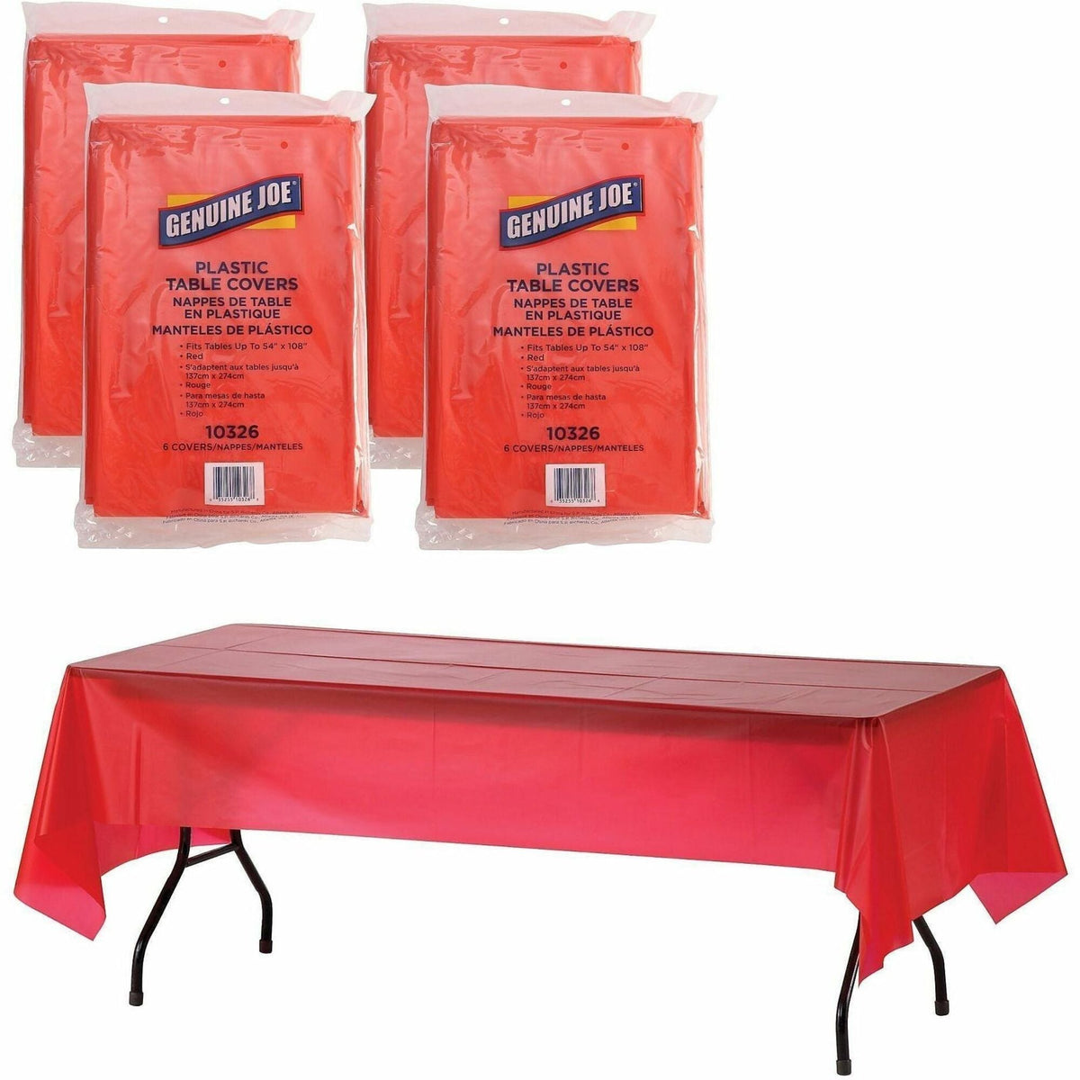 Genuine Joe Plastic Rectangular Table Covers - 108’’ Length x 54’’ Width - Red - 6/Pack - 4 / Carton - Tablecloths