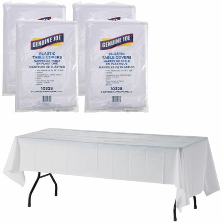 Genuine Joe Plastic Rectangular Table Covers - 108’’ Length x 54’’ Width - White - 6/Pack - 4 / Carton - Tablecloths