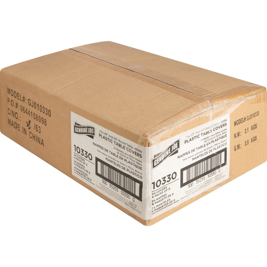 Genuine Joe Plastic Round Tablecovers - 84’’ Diameter - White - 6/Pack - 4 / Carton - Tablecloths