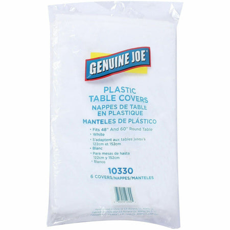 Genuine Joe Plastic Round Tablecovers - 84’’ Diameter - White - 6/Pack - 4 / Carton - Tablecloths