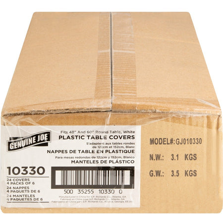 Genuine Joe Plastic Round Tablecovers - 84’’ Diameter - White - 6/Pack - 4 / Carton - Tablecloths