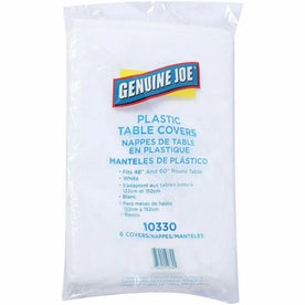 Genuine Joe Plastic Round Tablecovers - 84’’ Diameter - White - 6 / Pack - Tablecloths