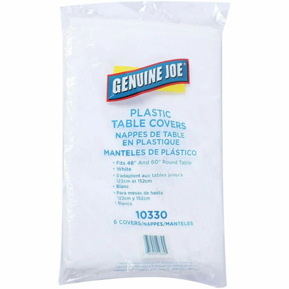 Genuine Joe Plastic Round Tablecovers - 84’’ Diameter - White - Pack of 6 - Tablecloths