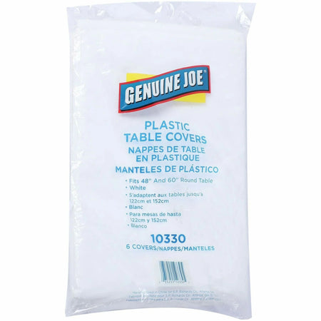 Genuine Joe Plastic Round Tablecovers - White - 84’’ Diameter - 6/Pack - Tablecloths