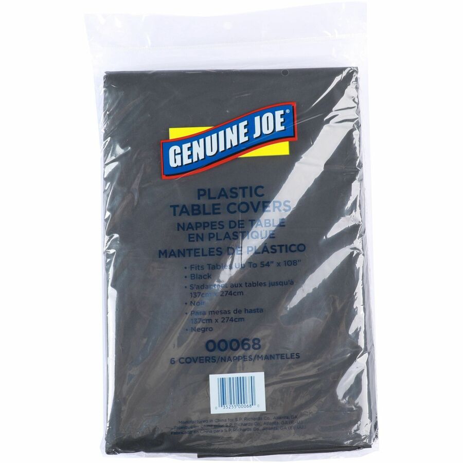 Genuine Joe Plastic Table Covers - 108’’ Length x 54’’ Width - Black - 6/Pack - 4 / Carton - Tablecloths