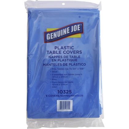 Genuine Joe Plastic Table Covers - 108’’x54’’ Blue - 6/Pack - Tablecloths