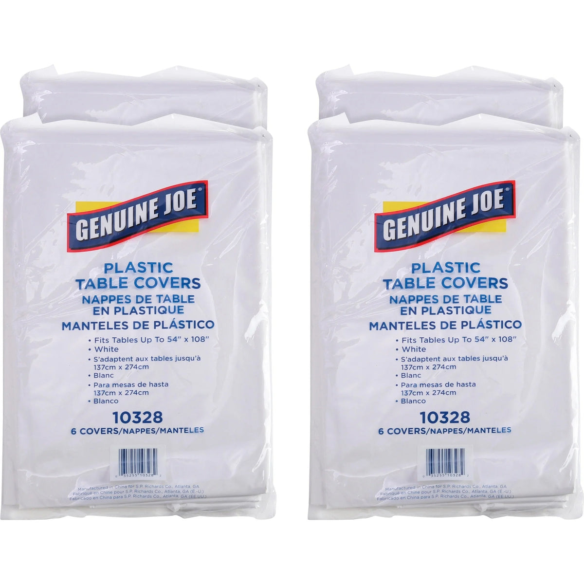 Genuine Joe Plastic Rectangular Table Covers - 108’’ Length x 54’’ Width - White - 6/Pack - 4 / Carton - Tablecloths