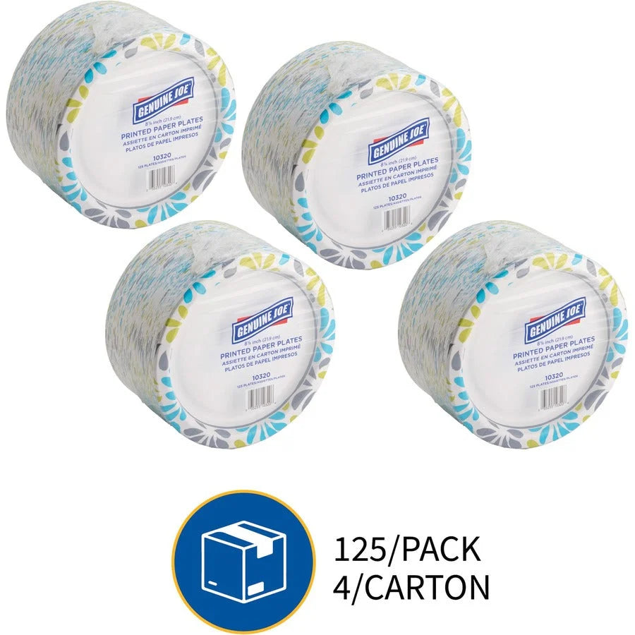 Genuine Joe Printed Paper Plates - Disposable 9’’ - Assorted Colors - 125 Pack