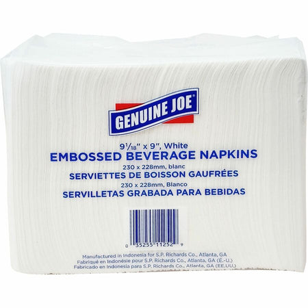 Genuine Joe Quad-fold Square Beverage Napkins - 1 Ply - 9.50’’ Width x Length - White - 500/Pack - 8 / Carton