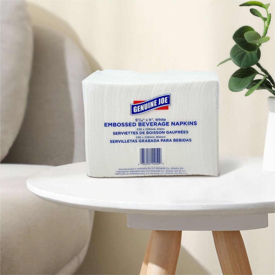 Genuine Joe Quad-fold Square Beverage Napkins - 1 Ply - 9.50’’ Width x Length - White - 500/Pack - 8 / Carton