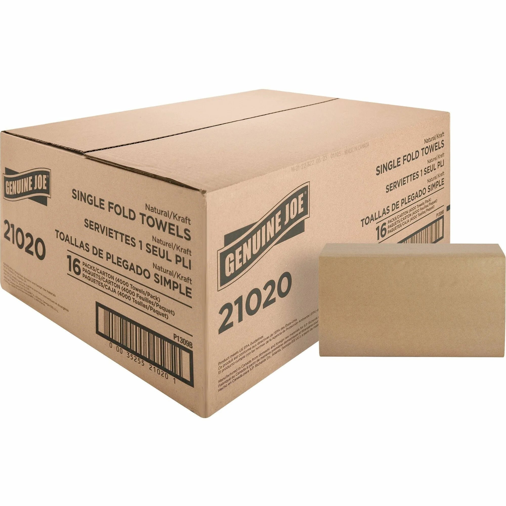 Genuine Joe Single-Fold Paper Towels - Natural Fiber 1-Ply - 250 Sheets/Pack